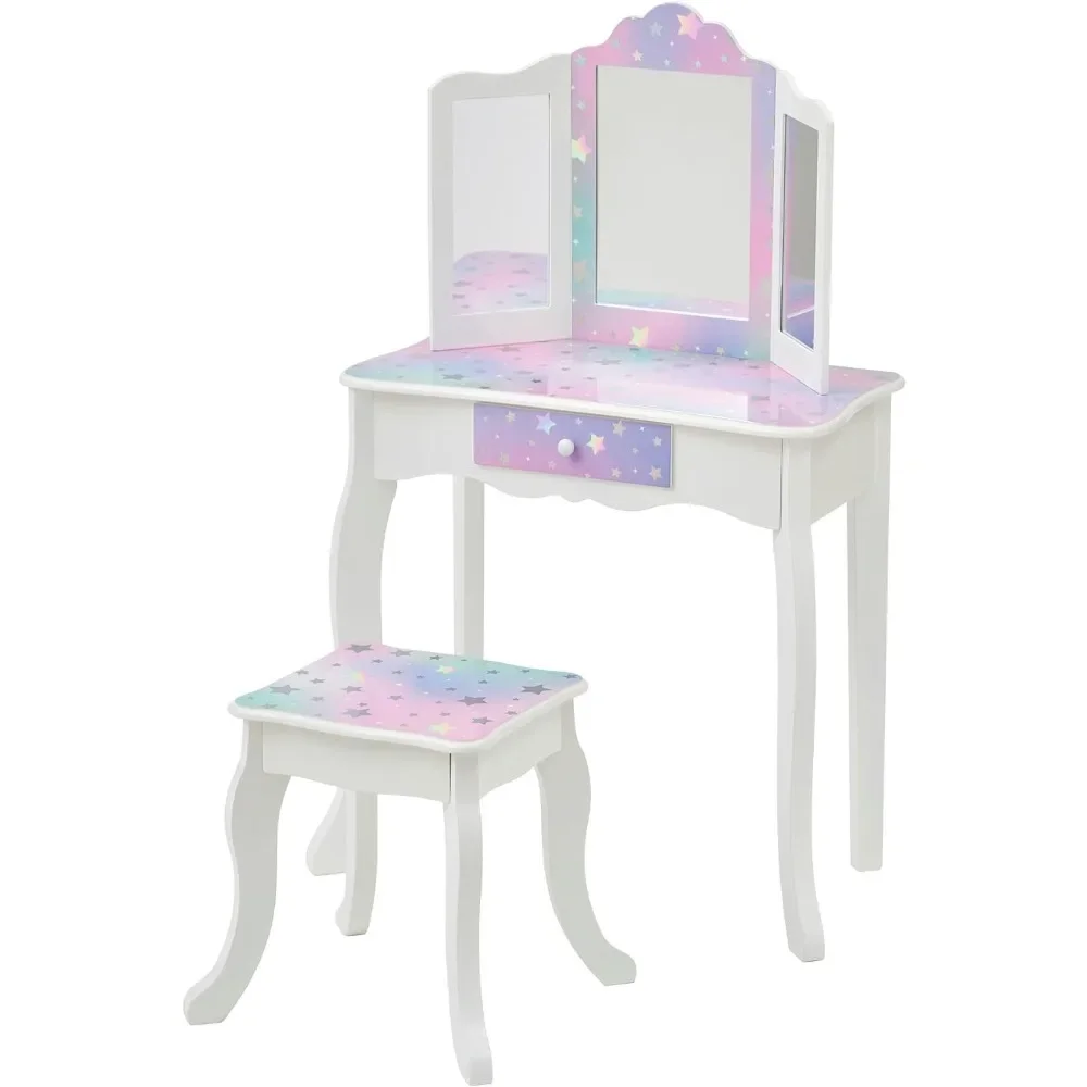 Teamson Kids Princess Gisele Starry Sky Print 2-Piece Kids Wooden Play Vanity Set with Vanity Table, Tri-Fold Mirror, Storage