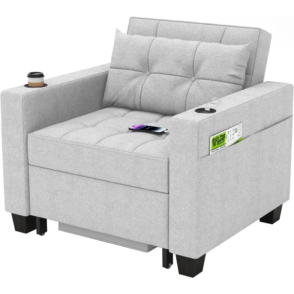 

Futon Chair Bed Convertible 3-in-1 Pull Out Sleeper Beds with USB Port, Armchair Sleeper for Living Room(Light Gray Linen)