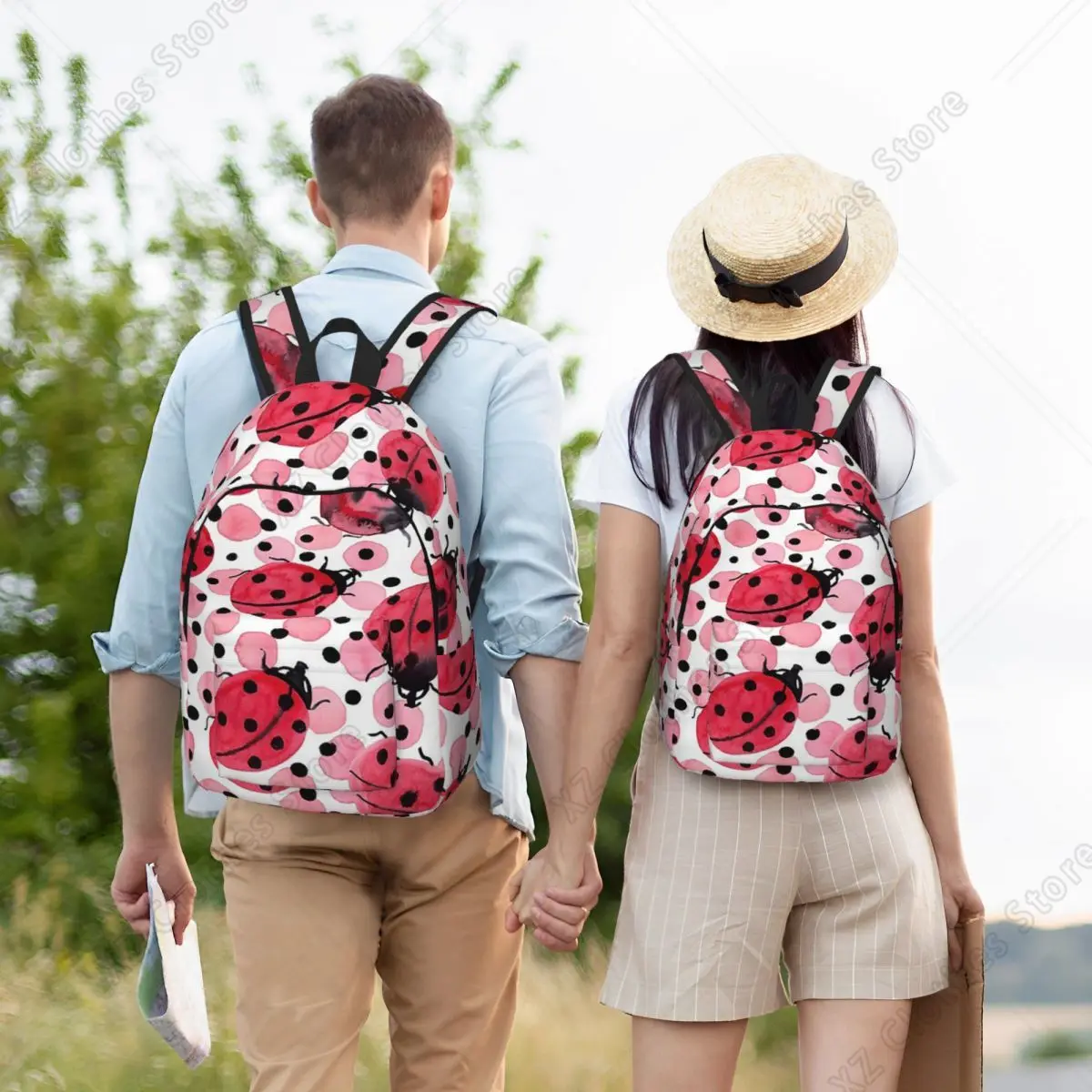 Watercolor Ladybugs On Red And Black Dots Student Backpack School Bag Hiking Travel Daypack for Men Women Bookbag Shoulder Bags