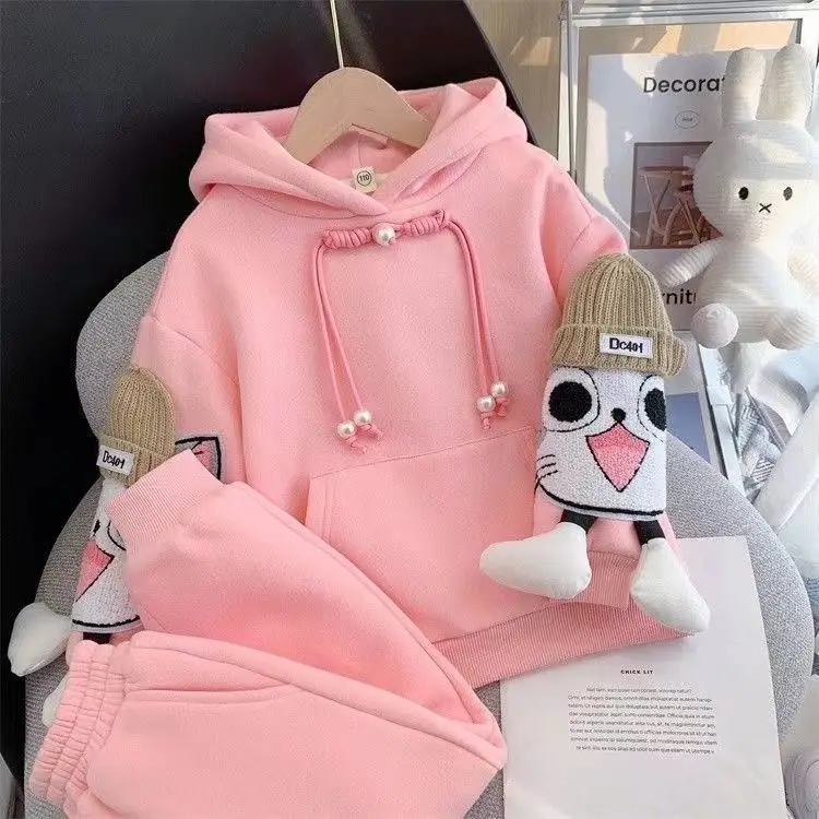 

Girls plus cashmere set Autumn and winter Korean version of the children's trendy cartoon fried street girl two-piece set