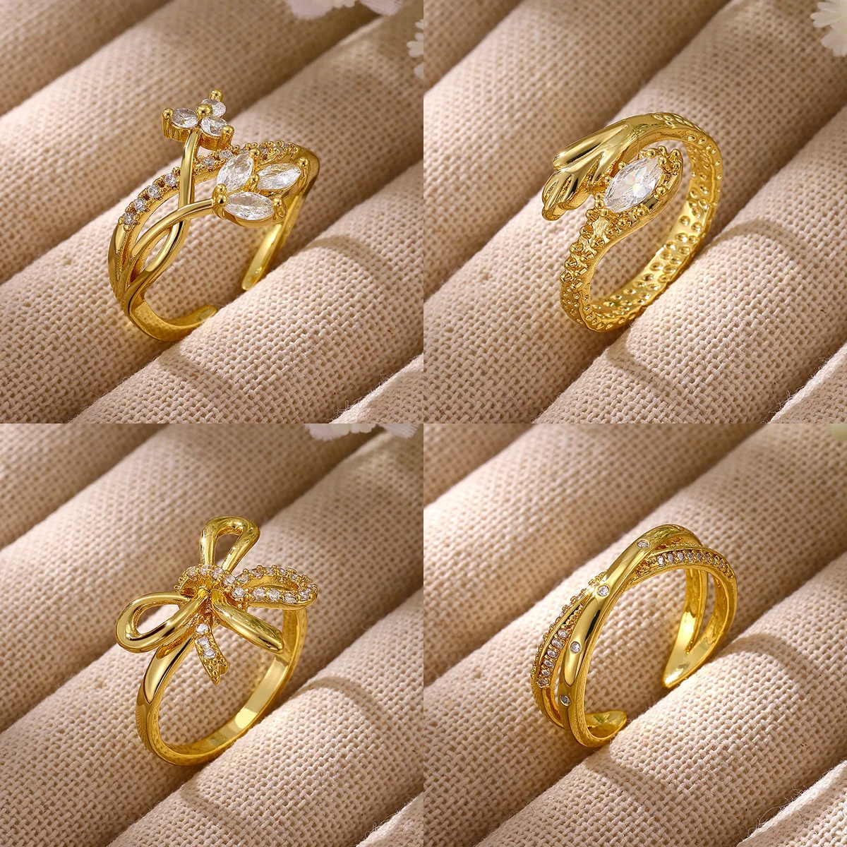 Neuer geometrischer Ring in Goldfarbe für Damen, glänzender Zirkon-Schleifenblumen-Design, stapelbarer offener Ring, exquisites, romantisches Schmuckstück, Geschenk für sie.