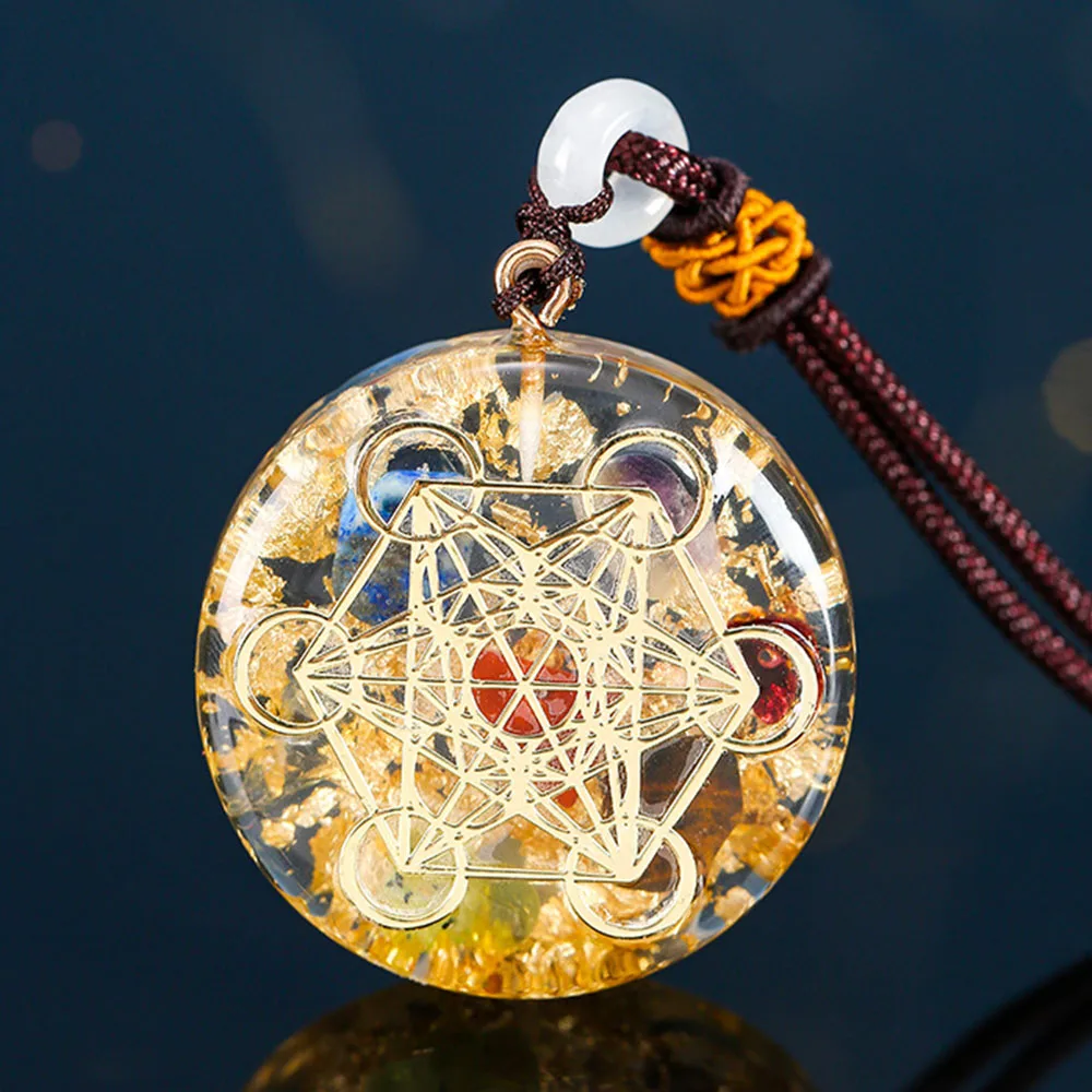 Orgonite Metatron Cube Energy Enhancing Pendant 7 Chakra Natural Stone with Gold Foil Mental Relaxation Sacred Geometry Jewelry