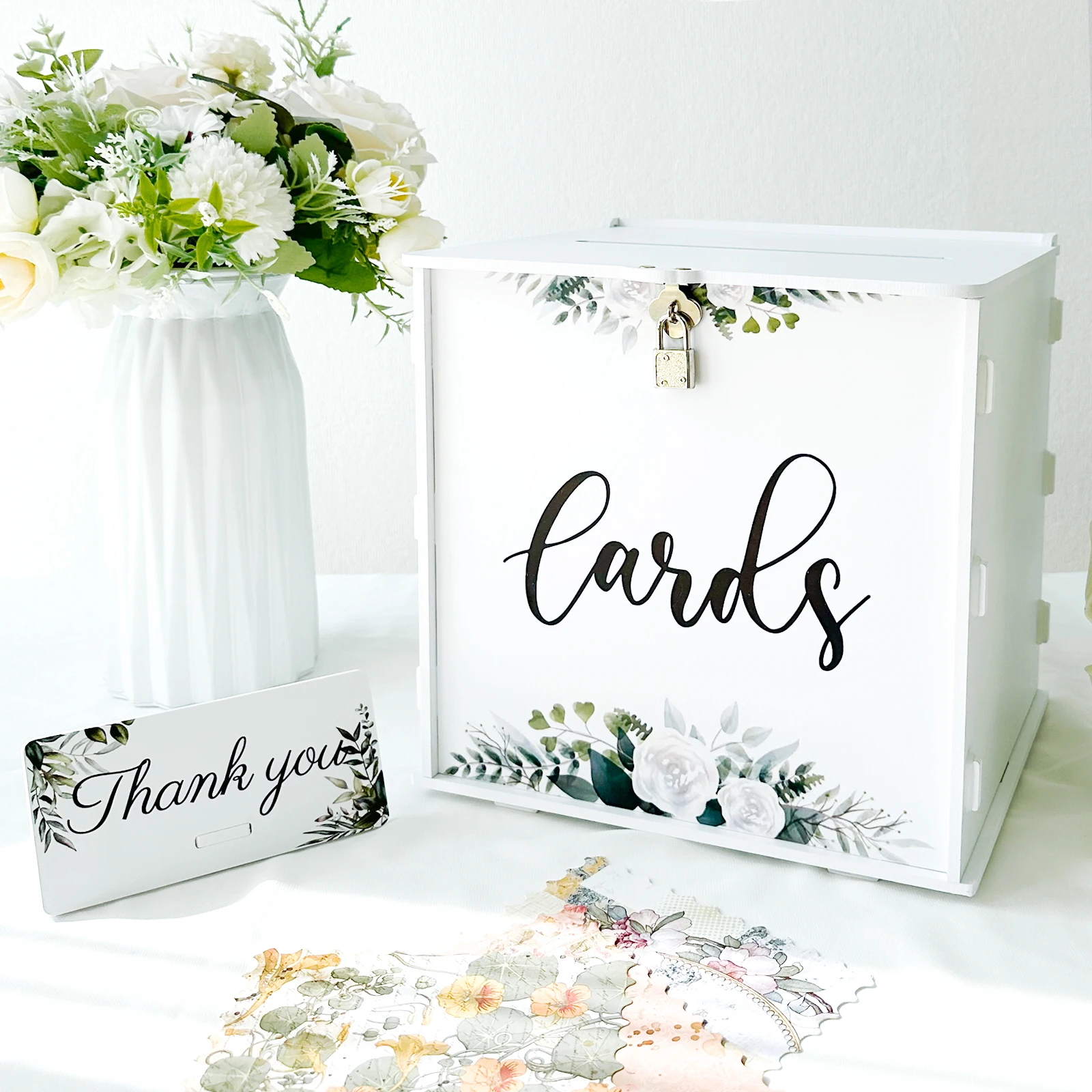 

Wedding Card Box White with Lock PVC Gift Card Box Eucalyptus DIY Wedding Money Envelope Card Box for Party Graduation Decor