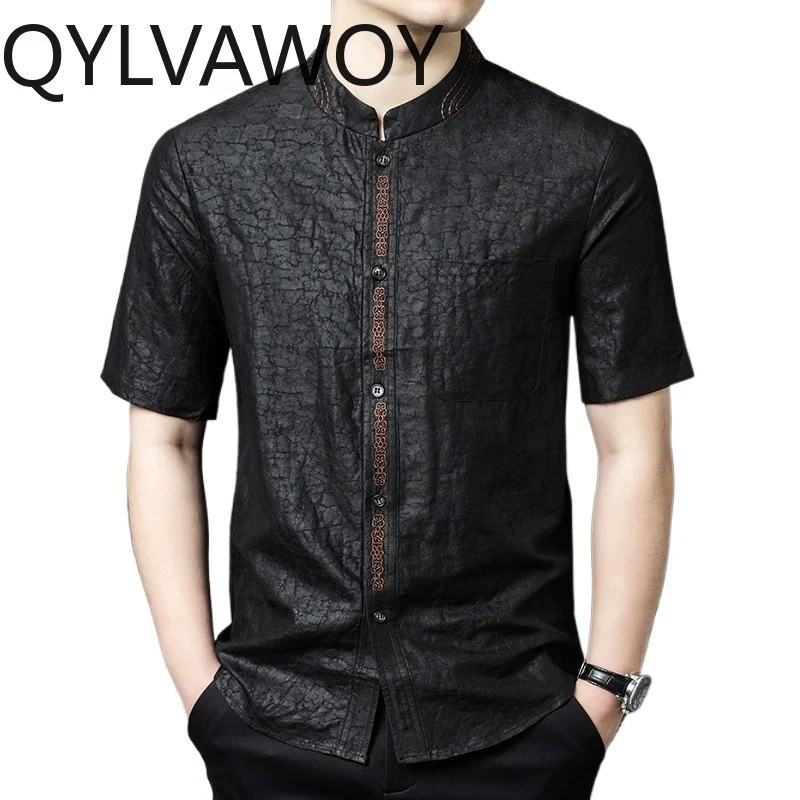 

QYLVAWOY Men's Shirts 100% Mulberry Silk Shirt Xiangyunsha Short Sleeve Summer Tops Embroidery Menswear Clothing Retro Fashion