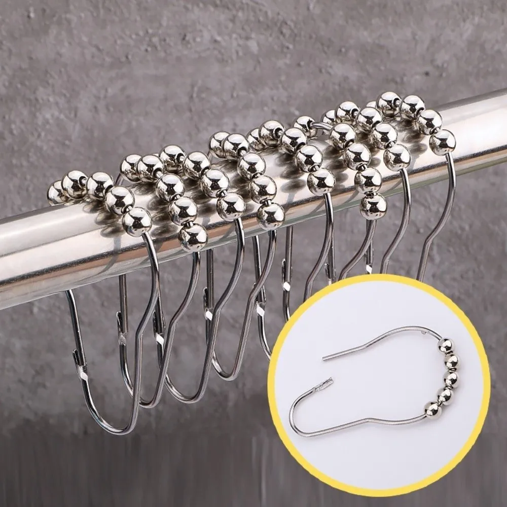 12pcs 304 Stainless Steel Shower Curtain Hooks Rust-proof Five Beads Gourd Shower Rod Hooks Heavy-Duty Sliver Drapery Clips