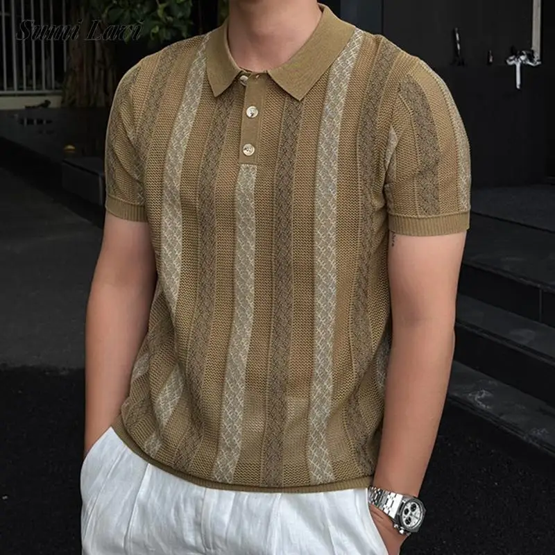 Stylish Slim Short Sleeve Knit Polo Shirt Men Summer Casual Breathable Hollow Out Polo Shirts Vintage Striped Crochet Polo Tops