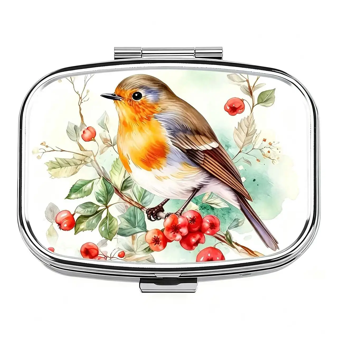 2-Fach Metall-Pillendose, Aquarell-Motiv mit Rotkehlchen und Beeren, Tragbare Taschen-Pillendose, Mini-Reise-Medikamenten-Aufbewahrungsbehälter