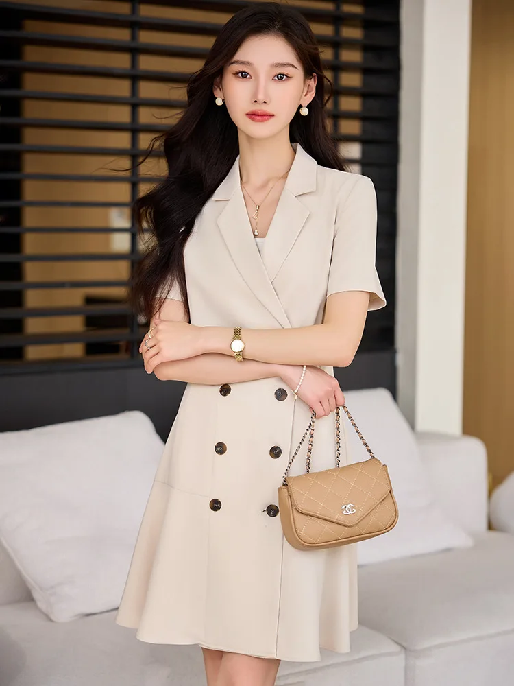 Temperament Goddess Style Waist-Tight Business Suit and Dress Travel Summer2024Popular French Minority Double Breasted Dress