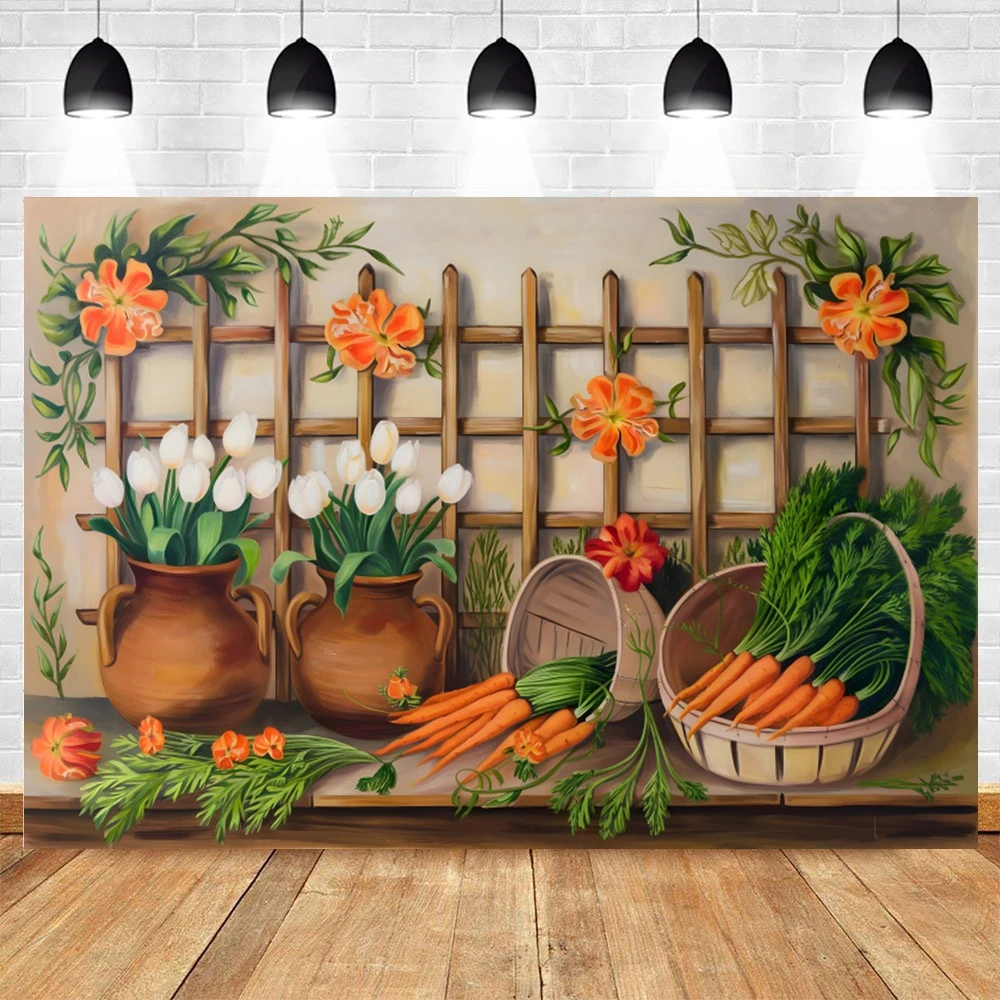 Spring Easter Carrot Backdrop Flowers Green Plants Baby Kids Portrait Photography Background Decor Photo Studio Photobooth Props