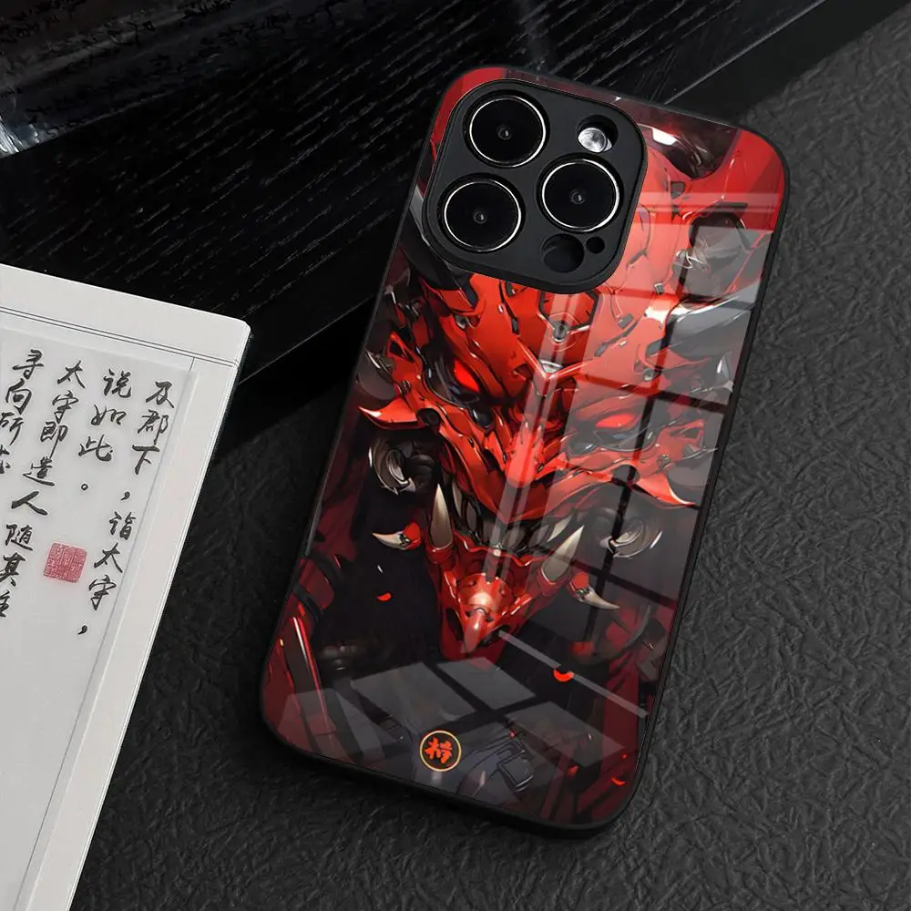 Japan Samurai Oni Mask Phone Case for iPhone 15 Pro Max 14 Plus 12 Mini 11 13 14 Pro Max Magsafe Wireless Charge Glass Cover