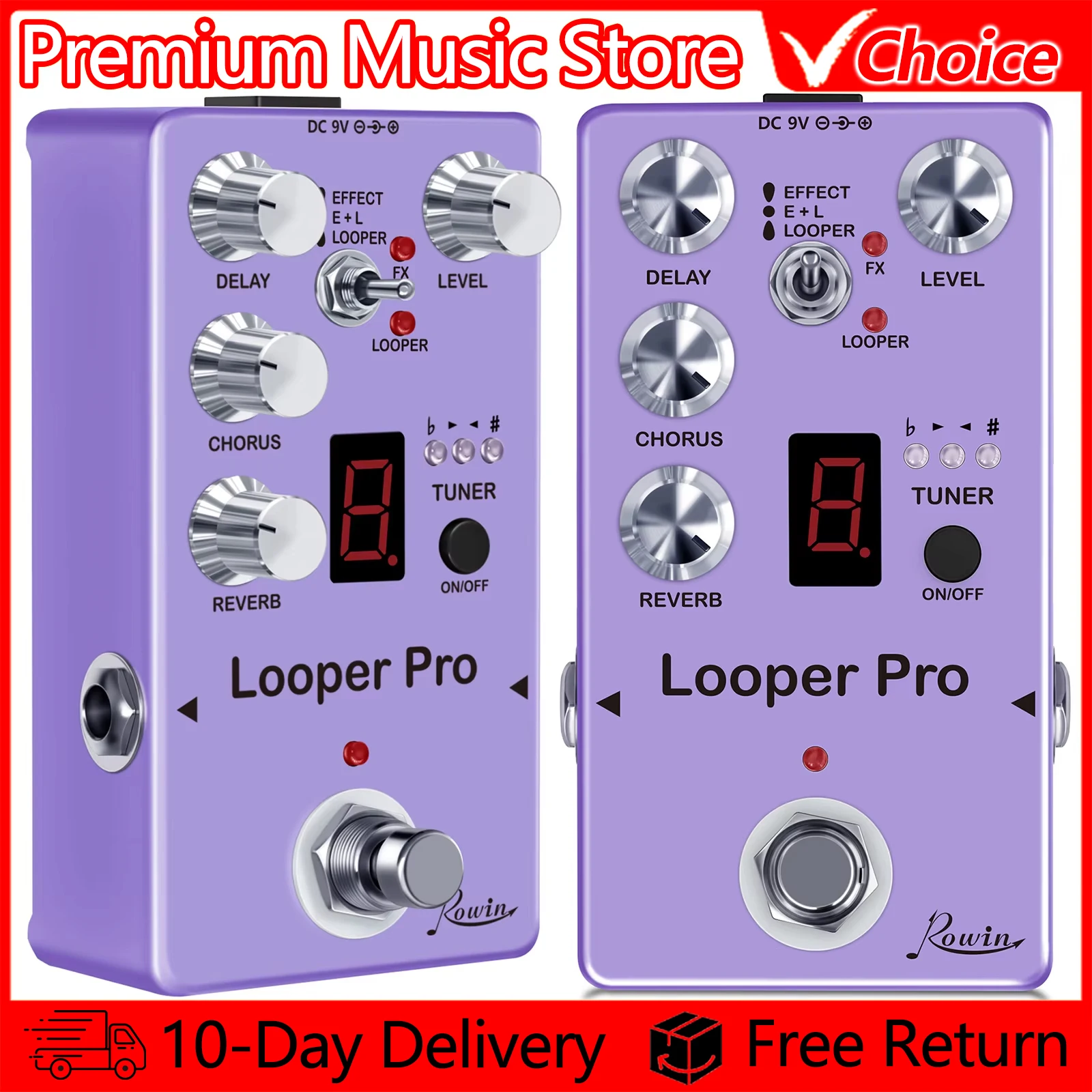 Rowin Multi-Effect Processor Looper Pro Delay Chorus Reverb Looper Tuner Effect Guitar Pedal Unlimited Overlapping Loop Bass