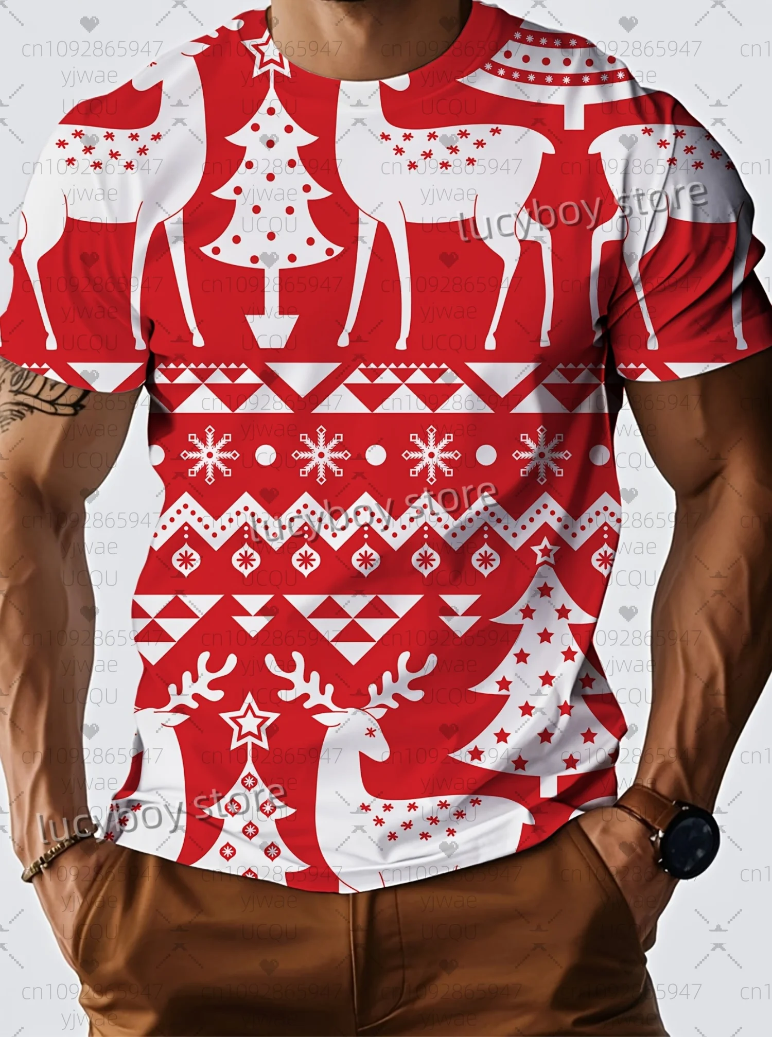 

2025 New Men Sports Daily Men's T-Shirt Christmas Reindeer Print O-Neck Short-Sleeved Top Daily Street Men T-Shirt Men Clothing