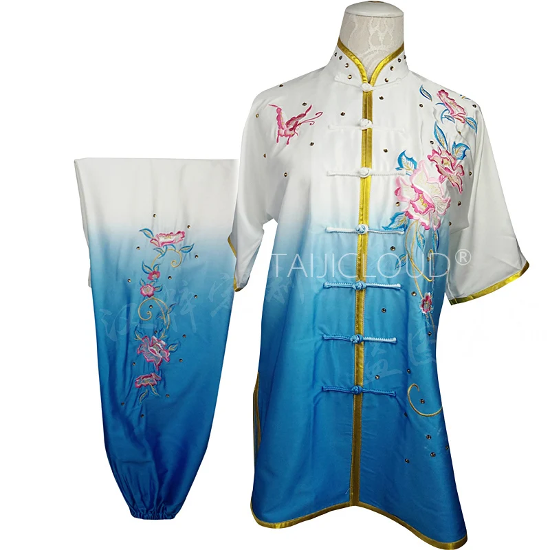 Women & Girls Martial Arts Costume - Long Fist Training Kung Fu Suit with Pink Peony Design for Competition & Performance (Adult