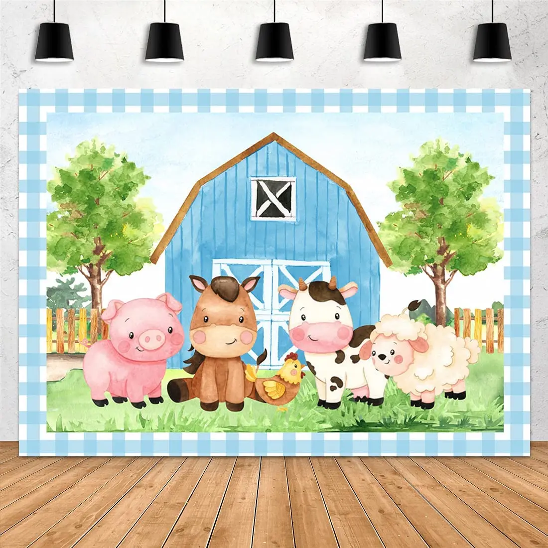 

Cartoon Farm Animals Photography Backdrop Blue Barn Barnyard Baby Shower Happy Birthday Background Newborn Party Banner Booth