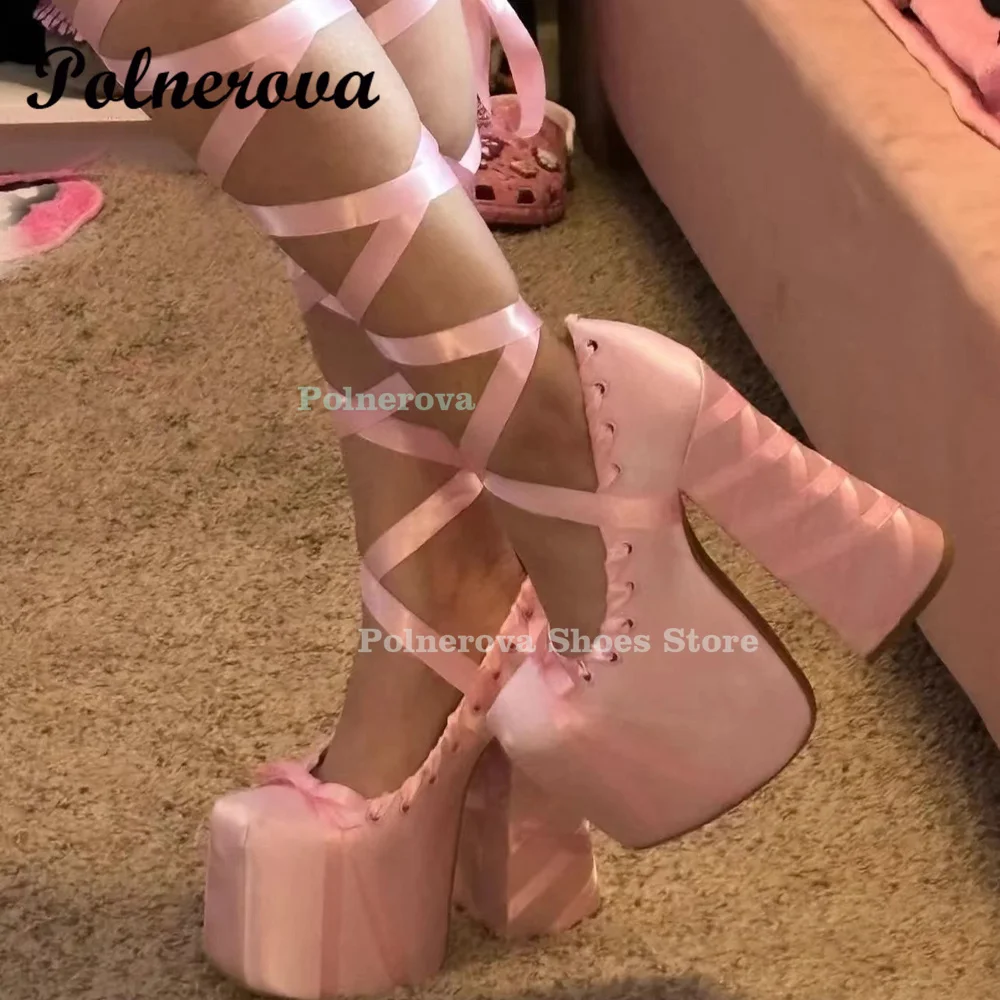 Pink Satin Platform Sandals Lolita Pumps Women Bow Pumps Summer Chunky High Heels Skirt Shoes Female Zapatos Mujer Tendencia