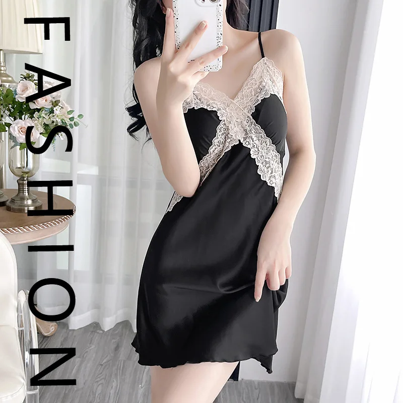 

Женские пижамы 2024, новые летние тонкие пижамы из ледяного шелка, летние пижамы из чистого желания, сексуальные кружевные пижамы с v-образным вырезом, подтяжки на груди, новинка