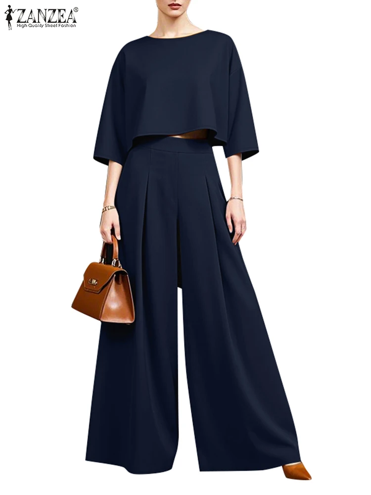 

ZANZEA Woman 3/4 Sleeve O-Neck Crop Tops Suit Solid Street Fashion Elegant Wide Leg Pants 2 Piece Pant Sets Commute 2PCS Outfits