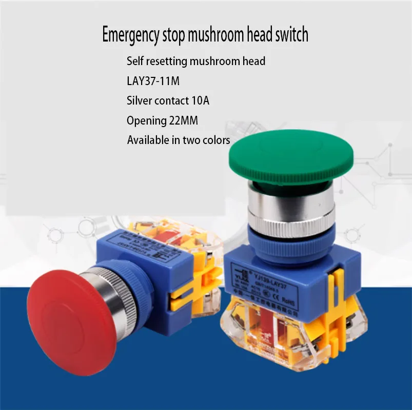 Self resetting mushroom head button switch LAY37-11M/Y090, red green silver contact hole position 22mm