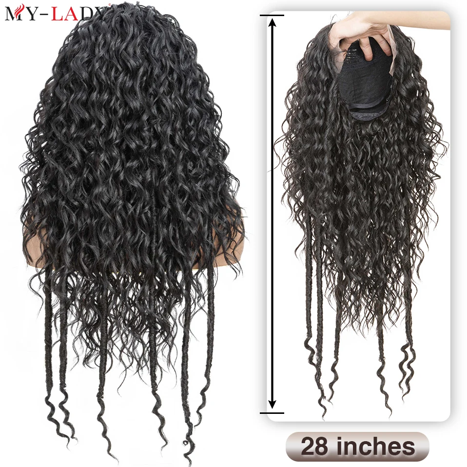 My-Lady-Trançado peruca dianteira do laço sintético, cabelos encaracolados, afro perucas brasileiras, Deusa Faux Locs, cabelo do bebê, 28"