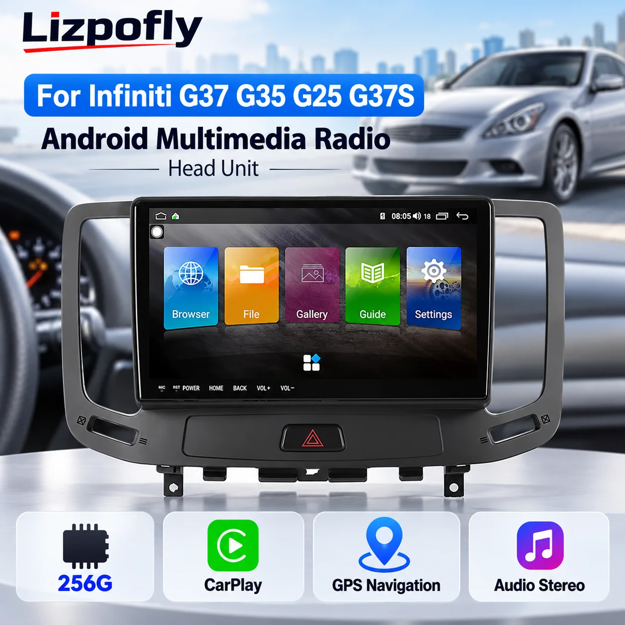 Lizpofly Android Multimedia Radio For Infiniti G37 G35 G25 G37S 256G CarPlay GPS Navigation Audio Stereo Head Unit