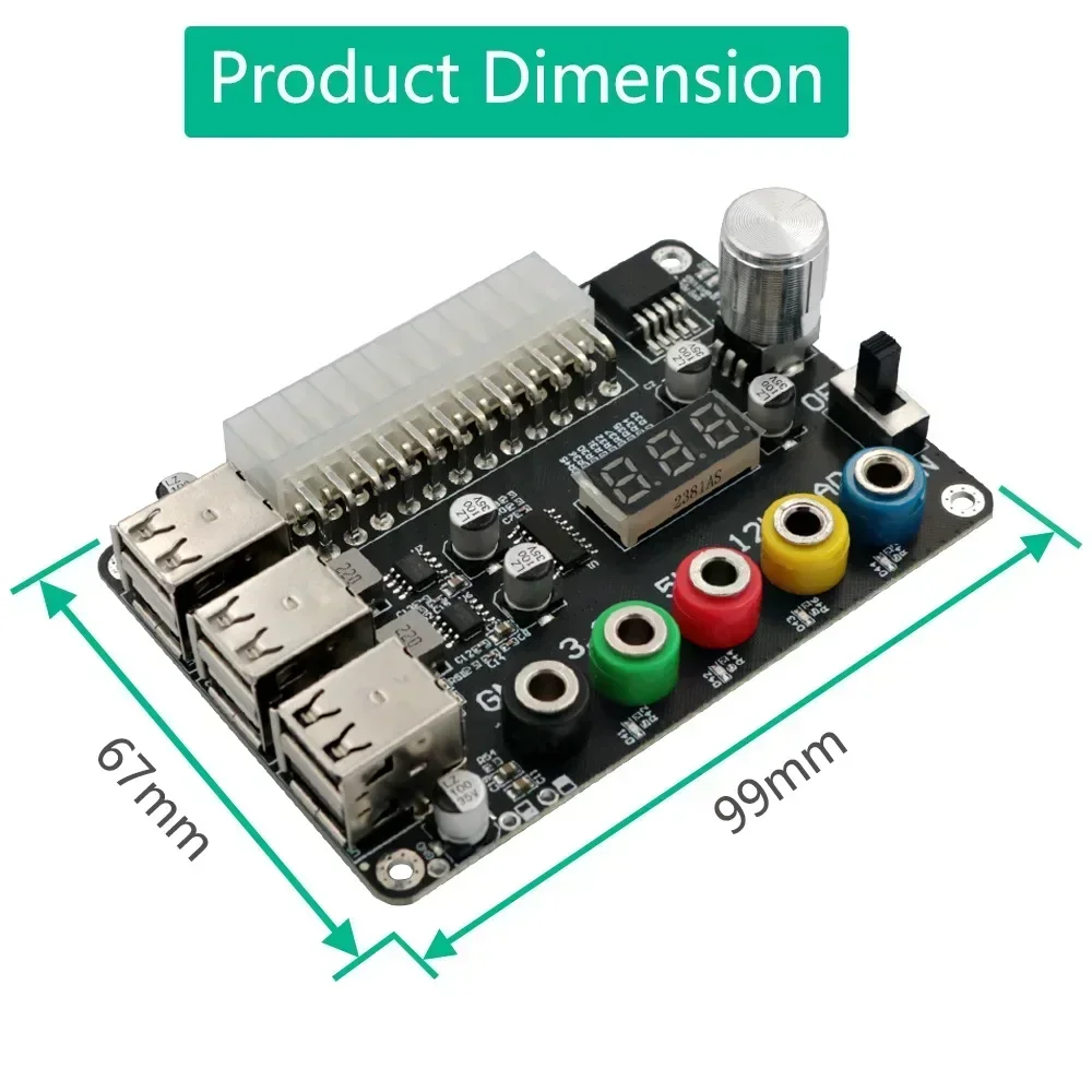 Placa de ruptura de fuente de alimentación ATX de 24 pines, conector adaptador de módulo de alimentación, perilla de voltaje ajustable, 6 puertos USB 2,0, compatible con QC2.0 QC3.0