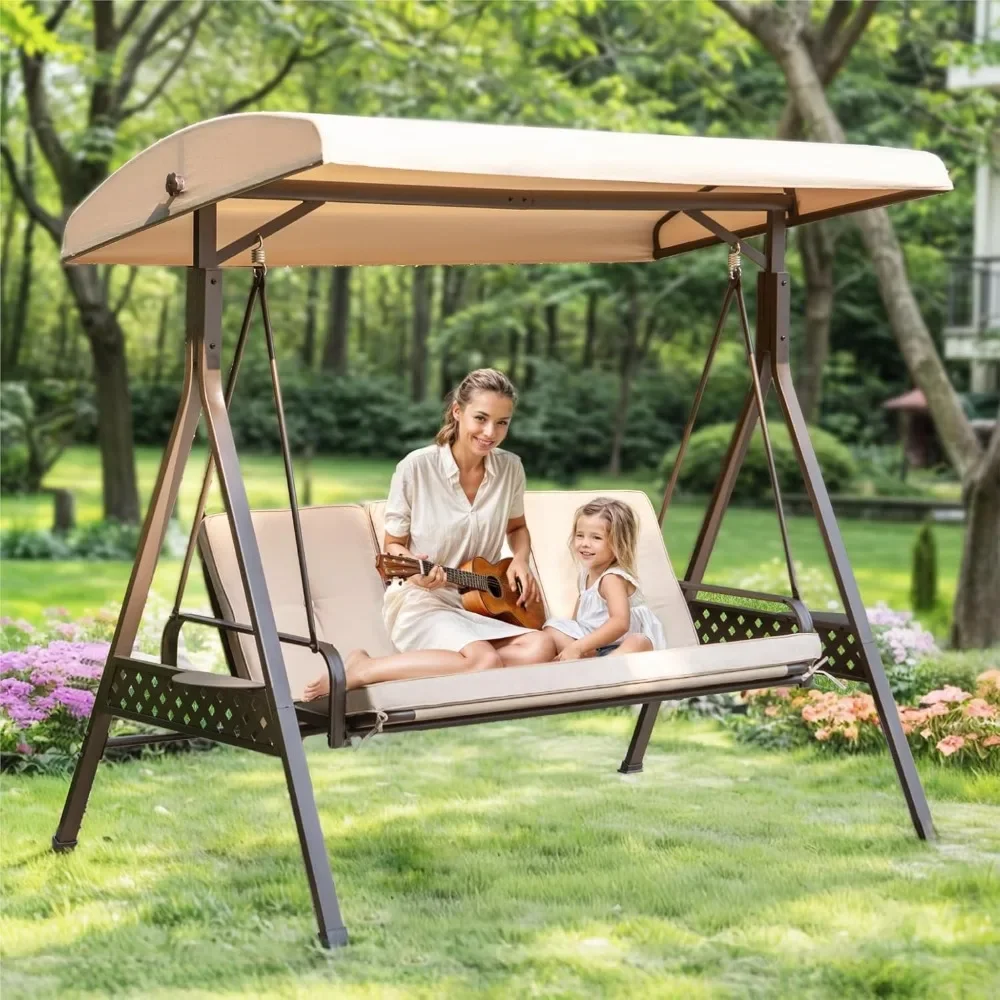 Outdoor Porch Swing with Adjustable Canopy - 3-Seat Patio Swing Chair with Weather Resistant Steel Frame