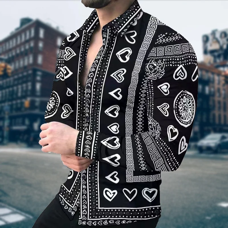 Men\'s Gold Luxury Printed Long sleeved Shirt Large Casual Cardigan Shirt Family Gathering High Quality New Fashion Shirt