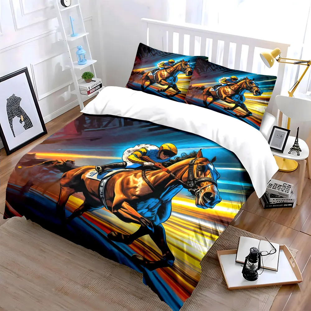 

"Dynamic Horse Racing Action Scene" kid's and adults' bedroom decor, Exquisite three-piece bedding set gift