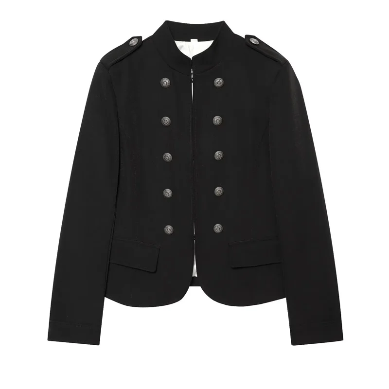 2026 Vintage Military Short Jacket Women Stand Collar Epaulet Button Slim Black Outer Coat