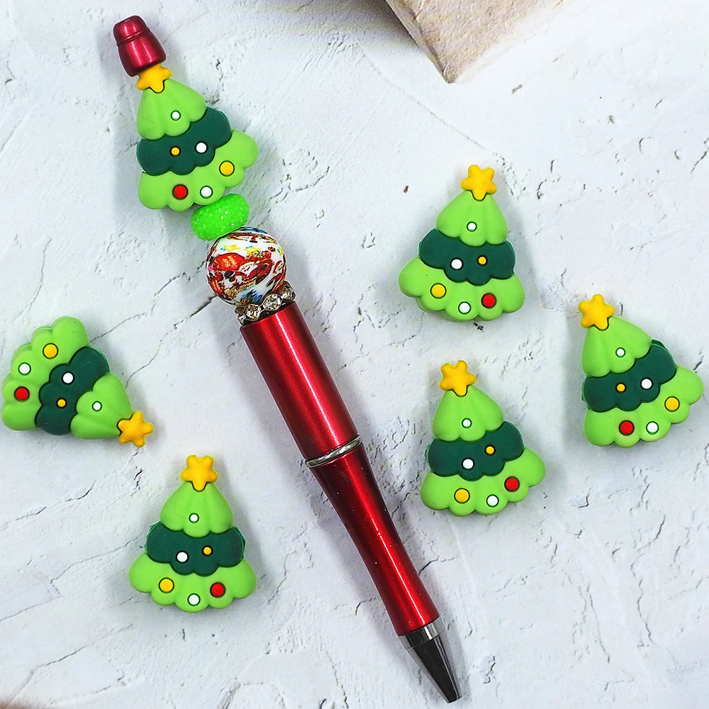 Chenkai 50pcs Cute Christmas Tree Silicone Focal Beads For Beadable Pen Silicone Charms Characters for Pen Keychain Making