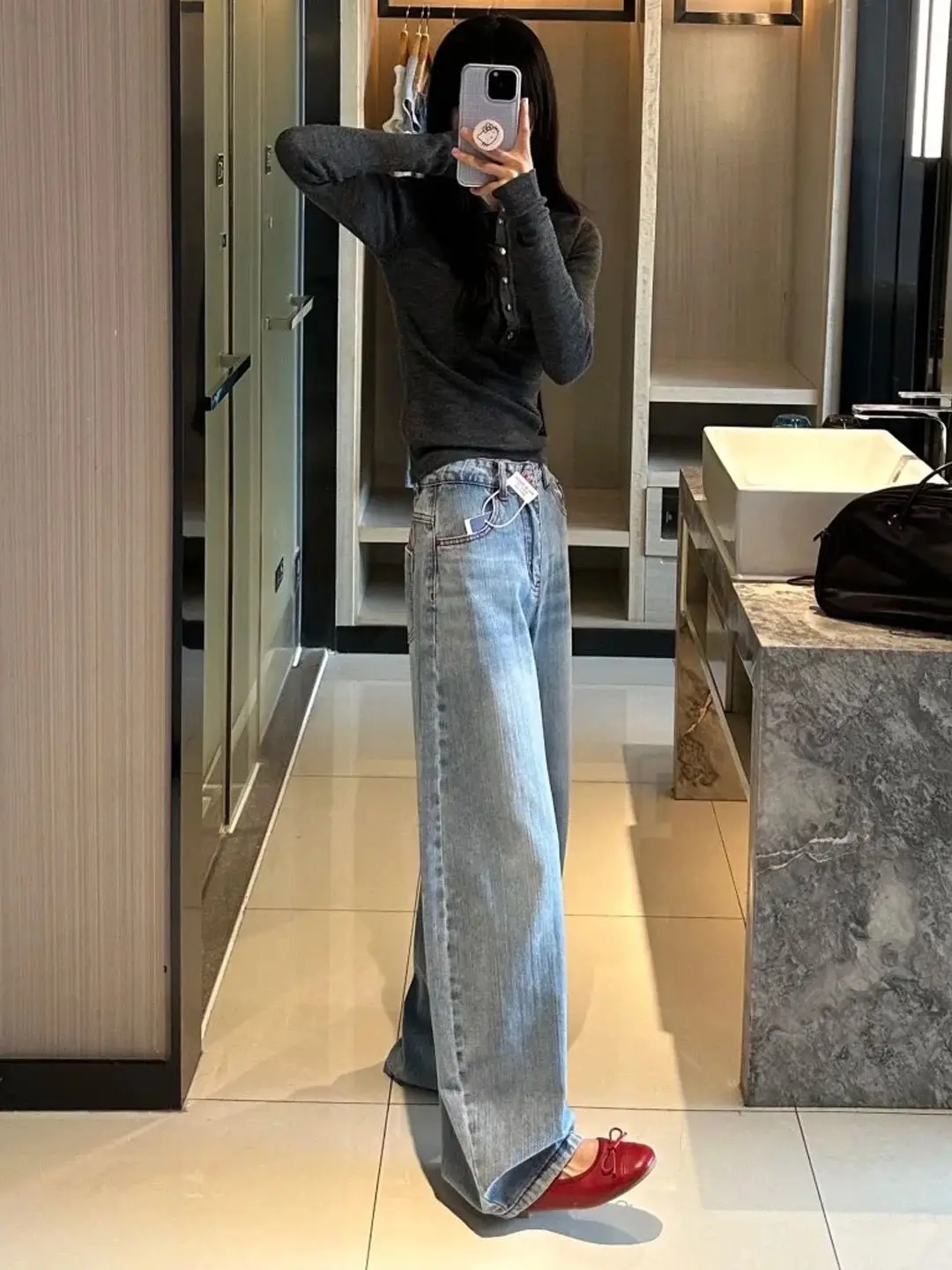 Y2K Spring Jeans Embroidered Curved Knife High Waisted Light Blue Wide Leg Pants for American Women Style
