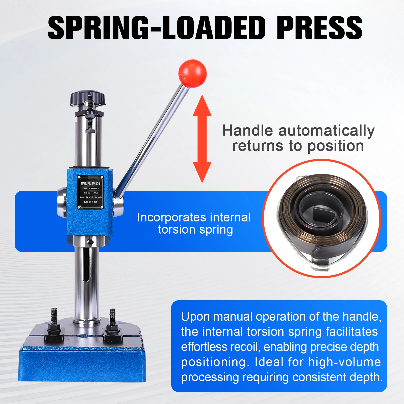 

Spring-Loaded Precision Manual Shaft Press 0.5 Ton Manual Arbor Press for Stamping Bending Stretching Forming