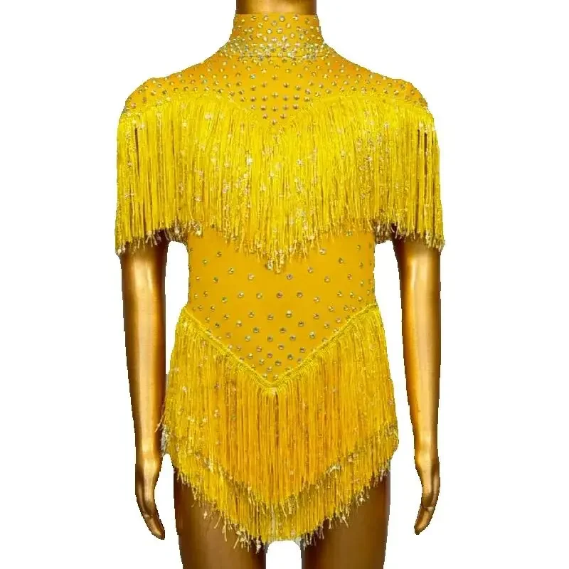 Kids Latin Dance outfit Performance Festival Outfit Yellow Rhinestones Fringed Bodysuit  Jazz Dance Costume Stage Group Clubwear