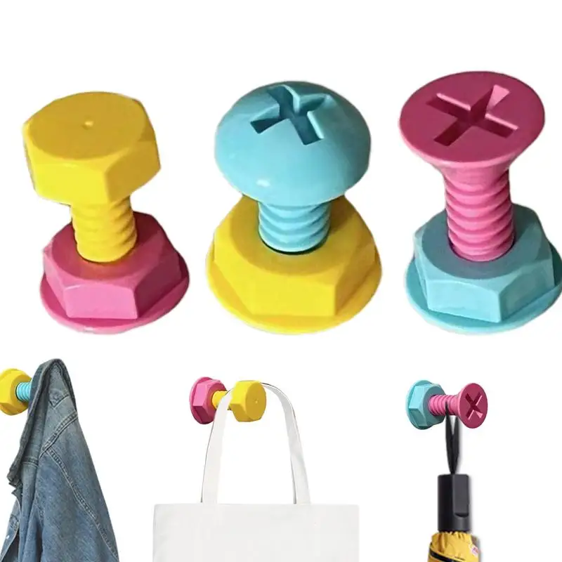 

3pcs Cute Screw Nail Shape Hook Punch-free Hook The Wall Door Household Clothing Bag Storage Sticky Hook Home Decor Supplies