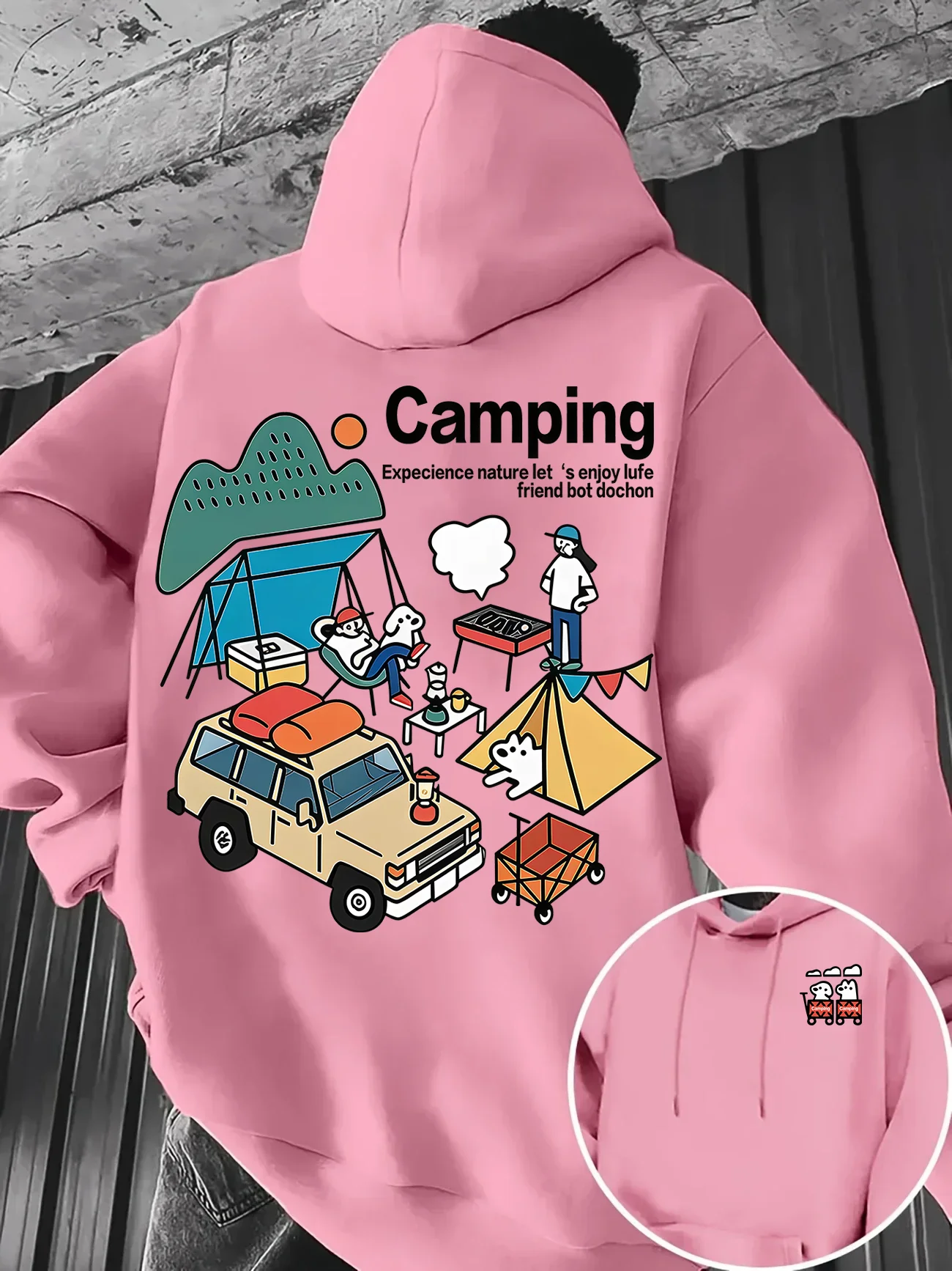 Herren Oversized Hoodie mit Cartoon-Camping-Auto-Zelt-Grafik Vorne und Hinten Doppeldruck Pullover Sweatshirt Herbst Winter Outdoor Streetwear – Detail 3