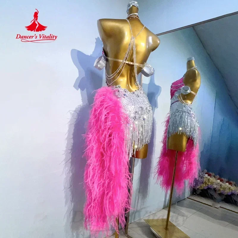 Latin Dance Dress for Women Customized High-end Luxury Rhinestone Feather Tassel Dresses Rumba Tango Samba Performance Costumes