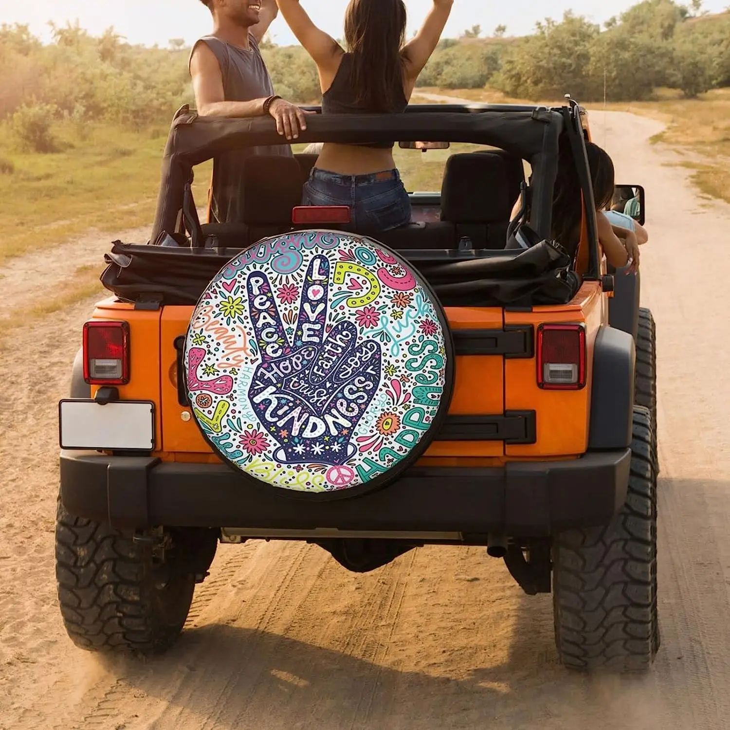 Floral Peace Sign Gesture Spare Tire Cover Polyester Universal Sunscreen Waterproof Wheel Covers for Trailer RV SUV Truck 15 In