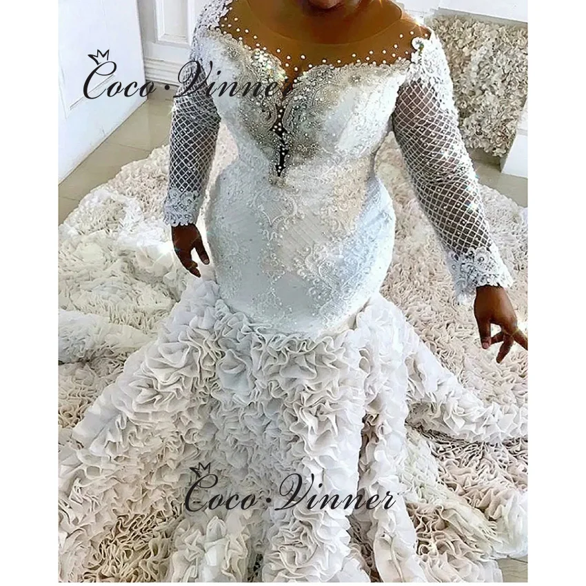 

Customized High Quality Africa Mermaid Wedding Dress With Ruffle Train Full Sleeves Lace Appliques Beading Wedding Dresses W1454