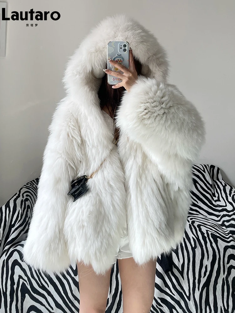 Lautaro ฤดูหนาวขนมีขนหนานุ่มสี Faux Fur Jacket ผู้หญิง Hood ค้างคาวหลวมสบายๆเสื้อผ้า