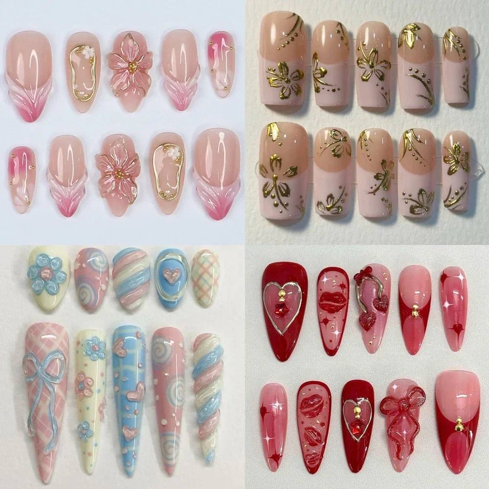 

Summer 3D Flowers 10Pcs Handmade Acrylic Almond Press On Nail Art Hand Painted Butterfly Gel Nude French Fake Nails Party Gift
