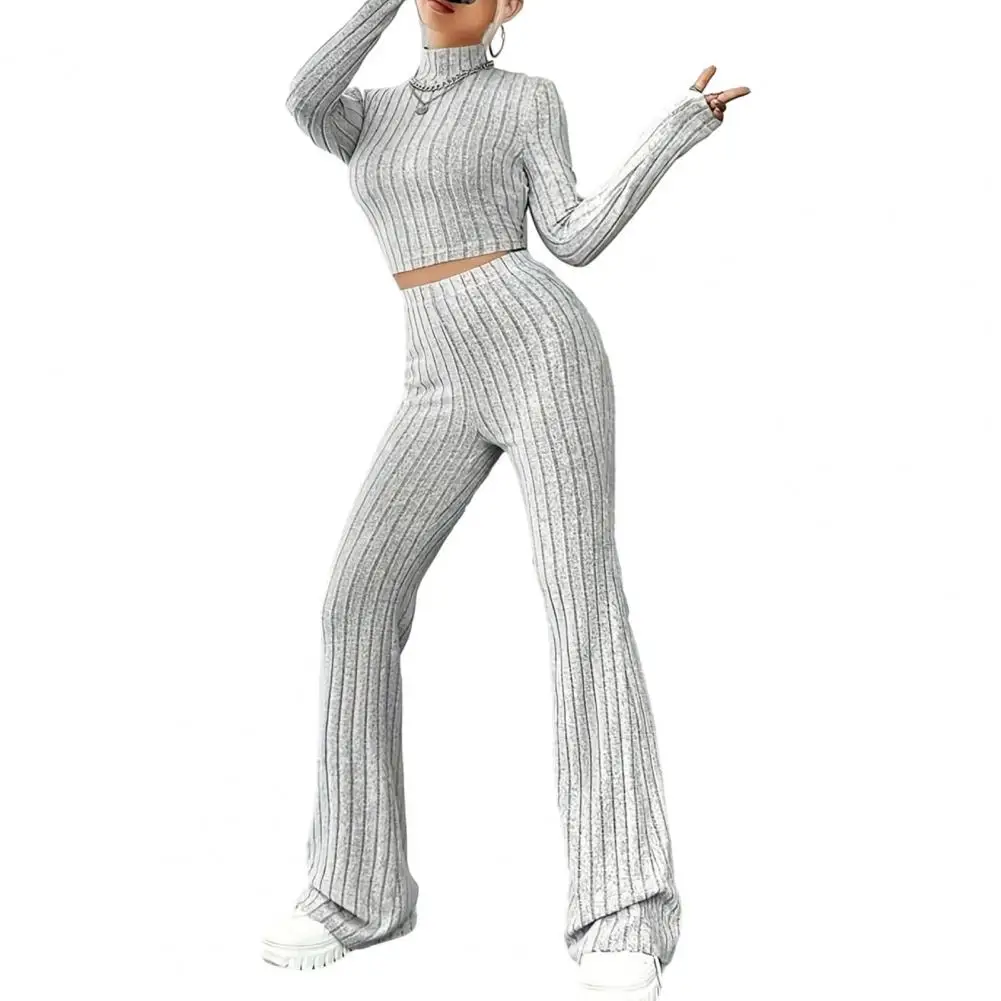 

Women Knitted Casual Suit Women's Knitted Turtleneck Outfit with High Waist Flared Pants Solid Pullover Sweater Suit Slim Fit