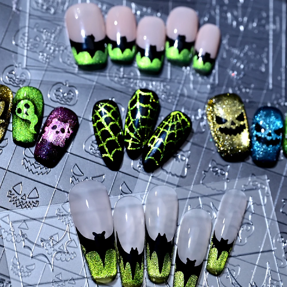 1Pc Halloween Ghost Transparent Hollow Nail Art Stickers 3D Reusable Pat-pat Spray Painting Template For DIY Manicure Nail Slide