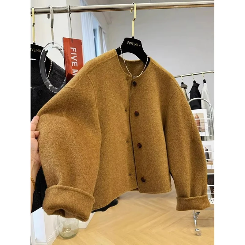 Wool Short Double-sided Woolen Coat Women Autumn and Winter Round Jackets Long Sleeves Short Blends Coats