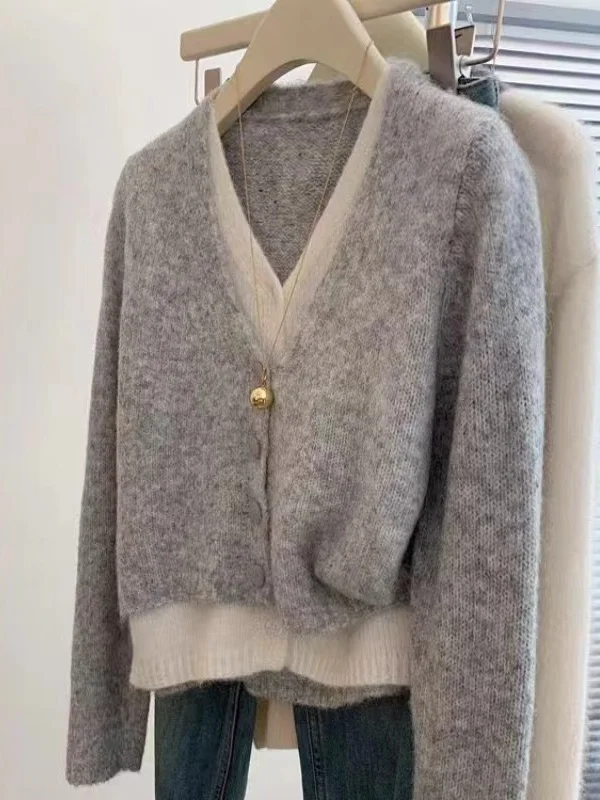 Korean Style Loose Knitted Sweater V-Neck Spring Autumn New Style Fake Two-Piece Straight Tube Long Sleeve Pure Color Top