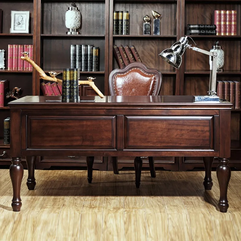 American all-solid wood desk and chair combination home desk walnut European boss study retro writing desk