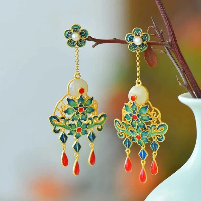 

Natural Hotan Jade flower Enamel tassel earrings for women exquisite Retro style classical cheongsam Hanfu Silver Jewelry