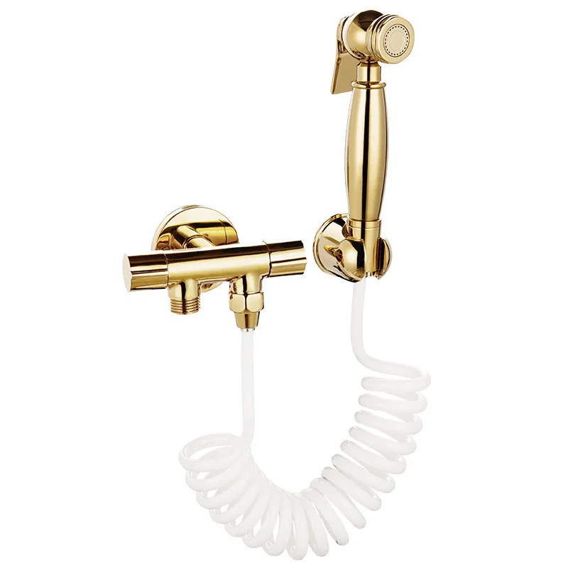 النحاس الذهب الكروم مطلي الحمام دش فوهة واحدة في اثنين خارج التبديل صمام زاوية أنبوب أبيض الذهب TPU الربيع أنبوب جدار مقعد #2