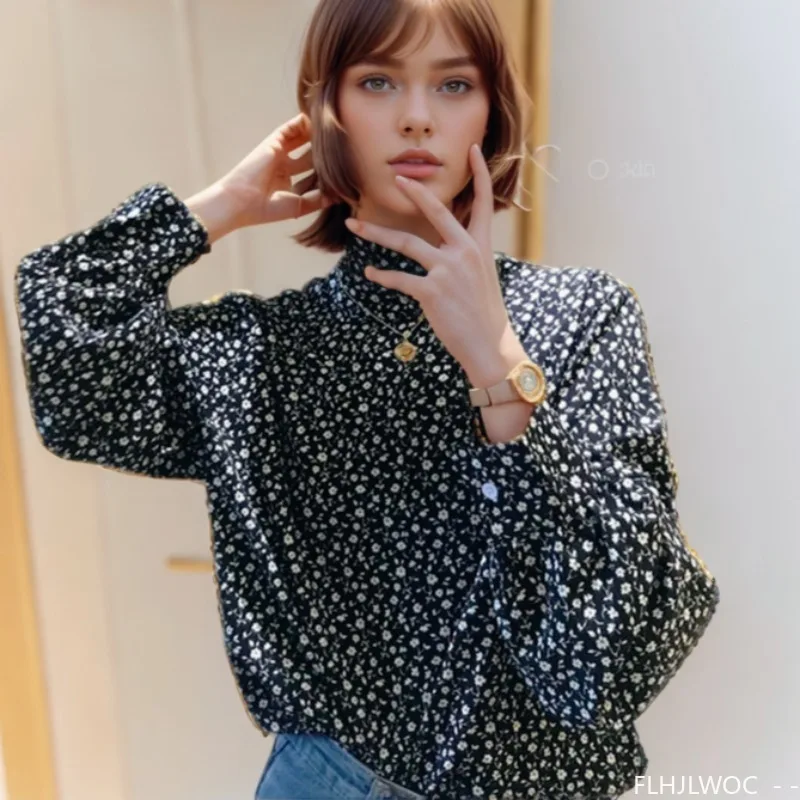 

Chic Korea Turtleneck Tops New 2024 Autumn Women Long Sleeve Floral Print Floral Print Retro European Fashion Vintage Blouses