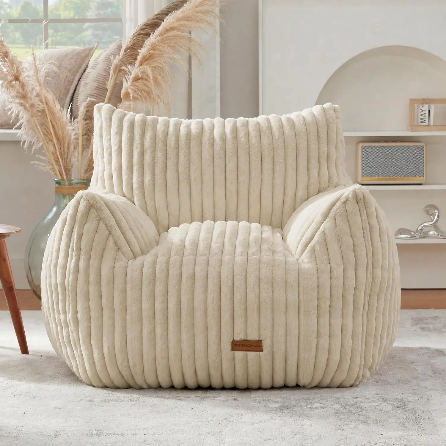 Giant Bean Bag Chair for Adults Teens with Armrest Large BeanBag Couch Sofa | with Foam Filling,Back Support,Comfy Faux Fur,Beig