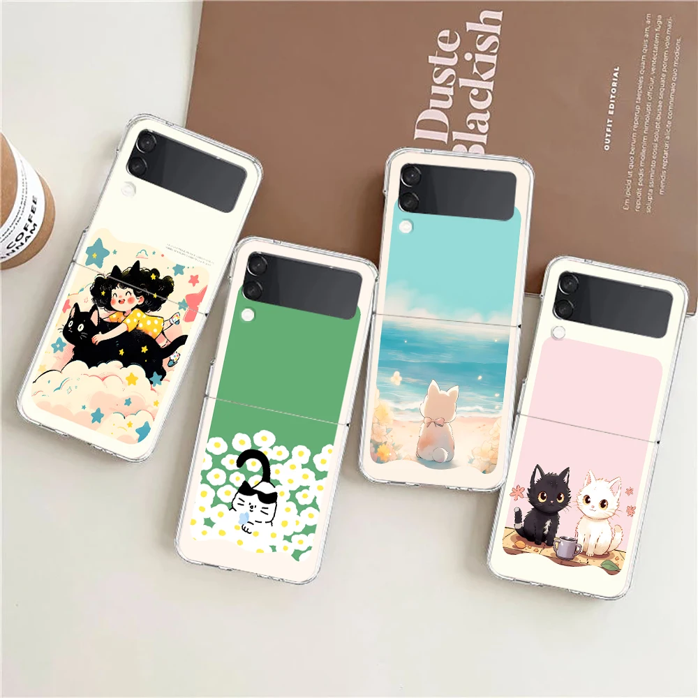 Phone Case For Samsung Galaxy Z Flip 3 4 5 6 7 Fold High Hard PC For Galaxy Z Flip3 Clear Cover Cute Cartoon Black Cat